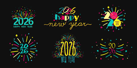 Colorful 2026 New Year Logos with Fireworks