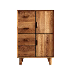 A wooden cabinet with drawers and doors against a  isolated on transparent background