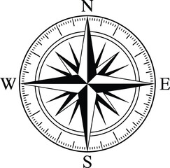 Black and White Compass Rose Isolated on Transparent Background
