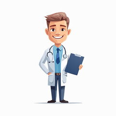 Smiling Doctor: A friendly doctor with a stethoscope around his neck and holding a clipboard. A modern and professional illustration for healthcare concepts.