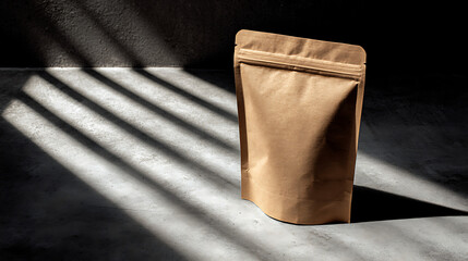 Minimalist brown paper pouch with striped shadow lighting packaging stand up bag