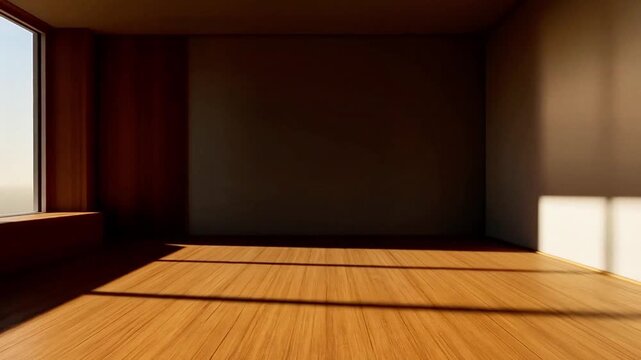 Time-lapse of minimalistic empty room with wooden floor and moving sunlight. Static camera. 4K.