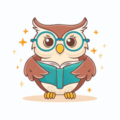 Fototapeta premium Wise Owl with Book: A charming cartoon illustration of a wise owl, adorned with glasses and engrossed in a book, against a clean backdrop, embodying the spirit of knowledge and learning.