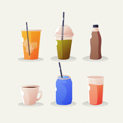 Modern Gradient Drink Vector Set. Realistic Style Beverage Icons. Coffee, Tea, Juice, Milk Tea, Bottle, Can and Glass. Smooth Drink Illustrations for Menu and Branding