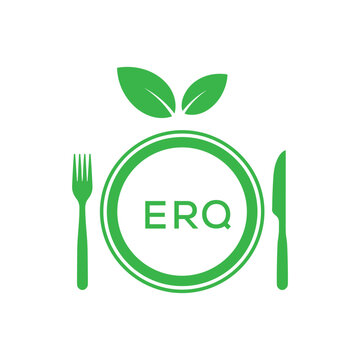 ERQ Letter Logo. ERQ Organic Food Logo with Plate, Fork, Knife, and Leaf Icon &ndash; Healthy Restaurant and Eco-Friendly Dining Design.
