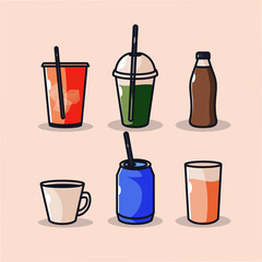 Cute Drink Vector Illustration Set. Cartoon Style Beverage Icons. Coffee, Milk Tea, Soda, Bottle, Juice, Cup and Can. Flat Color Outline Style