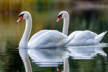 Fototapeta premium Swans gliding gracefully over a serene lake during a sunny afternoon
