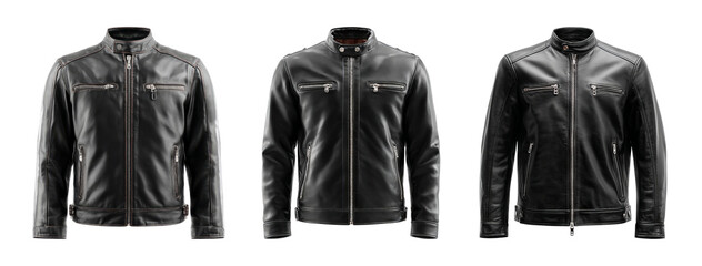 Set of Three Stylish Black Leather Jackets on Transparent Background