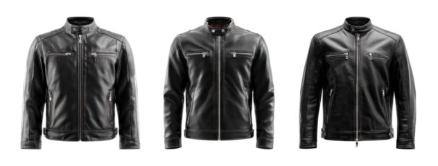 Set of Three Stylish Black Leather Jackets on Transparent Background