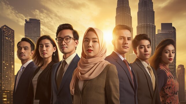  Diverse Malaysian professionals in business attire, united confidently under golden sunlight, Kuala Lumpur skyline behind.