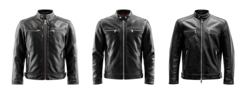 Set of Three Stylish Black Leather Jackets on Transparent Background