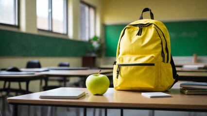 bright yellow backpack standing on a school desk on the left, a stack of books with a red apple on top placed next to it
