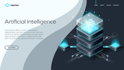 Abstract web page template for digital technology or blockchain on wavy stylish background. Network infrastructure website layout concept. Isometric vector illustration with artificial intelligence.