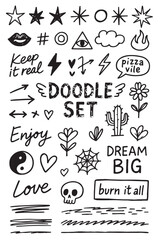 Obraz premium Collection of hand drawn doodle elements including stars hearts flowers and motivational phrases