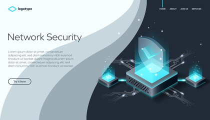 Abstract web page template for digital technology or blockchain on wavy stylish background. Network infrastructure website layout concept. Isometric vector illustration with artificial intelligence.