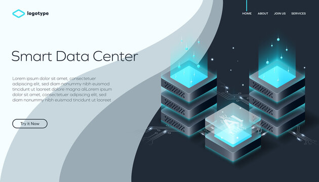 Abstract web page template for digital technology or blockchain on wavy stylish background. Network infrastructure website layout concept. Isometric vector illustration with artificial intelligence.