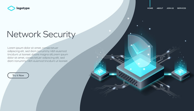 Abstract web page template for digital technology or blockchain on wavy stylish background. Network infrastructure website layout concept. Isometric vector illustration with artificial intelligence. - Powered by Adobe