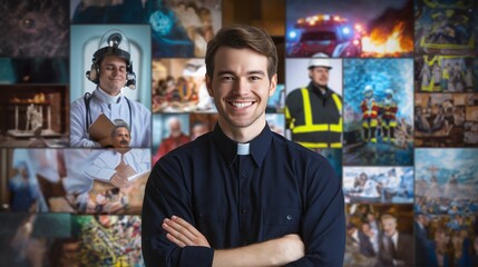 Fototapeta premium Young professional stands surrounded by symbolic images of doctor, priest, engineer, firefighter, police, teacher, banker.