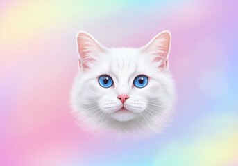White cat face with blue eyes. Cute animal portrait. Domestic pet concept. For children book cover and greeting card.