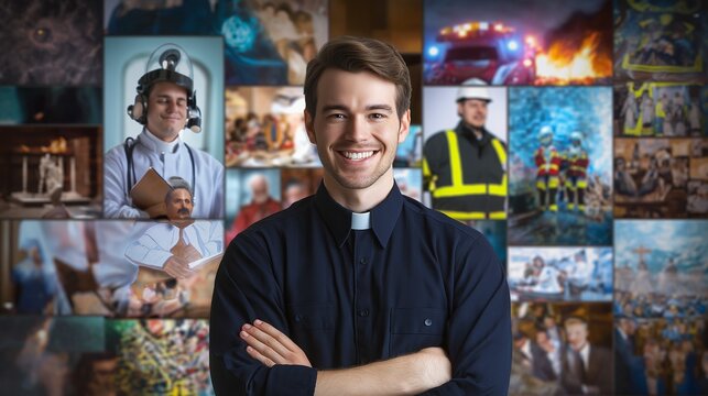  Young professional stands surrounded by symbolic images of doctor, priest, engineer, firefighter, police, teacher, banker.