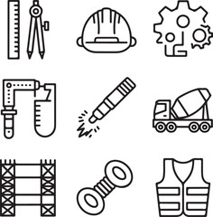 Fototapeta premium Mechanical and Civil Engineering Line Icon Pack — Tools, Drafting, Construction Equipment, and Production Systems