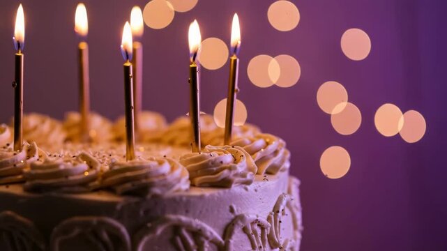 A stunning cake with candles is surrounded by warm, twinkling lights for a festive feel