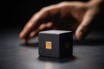 A black cube with gold squares sits on a dark surface with a hand reaching for it
