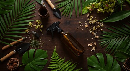 Garden Plant Care Tools and Green Tropical Foliage on Wooden Surface