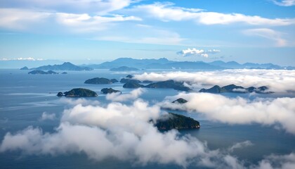 Obraz premium Aerial view of islands shrouded in clouds