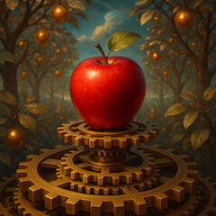 Fantasy Steampunk Apple on Golden Gears in Enchanted Orchard