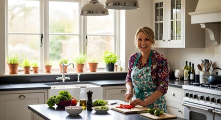 Smiling woman chopping vegetables in a bright, modern kitchen.