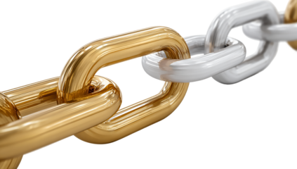 A close up of interconnected gold and silver metal chain links on a isolated on transparent background