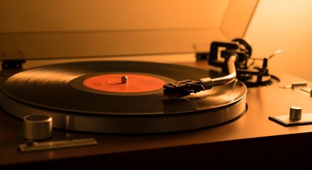 Vintage turntable playing a vinyl record, warm lighting, close-up view.