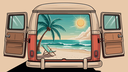 Beach van life illustration summer vacation travel destination paradise view vector illustartion