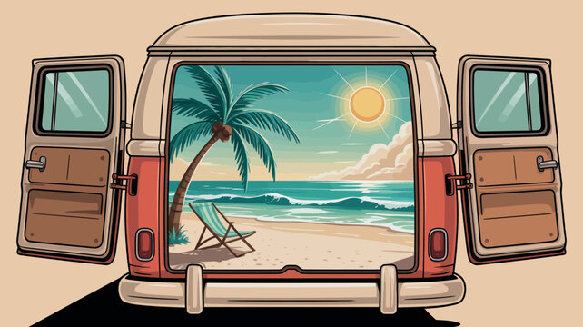 Beach van life illustration summer vacation travel destination paradise view vector illustartion - Powered by Adobe