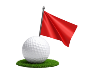 A golf ball and a red flag sitting on an isolated hemisphere golf grass ground in iso 