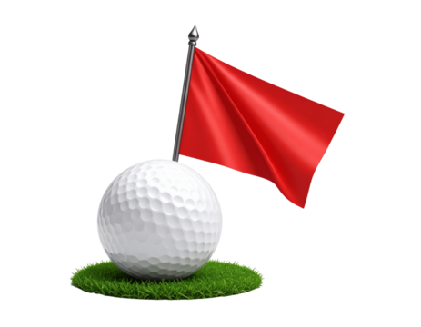 A golf ball and a red flag sitting on an isolated hemisphere golf grass ground in iso 