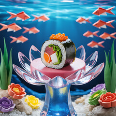 Creative Sushi Roll on Crystal Pedestal in Colorful Underwater Fantasy Scene