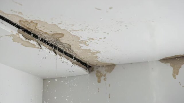 Water drips from the ceiling, creating stains and signs of damage in a home interior environment