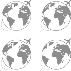 Fototapeta premium Four Gray Globe Icons with Airplane Flying Around on a White Background