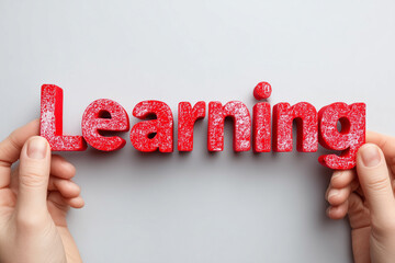 3D text Learning" in red color two hands holding