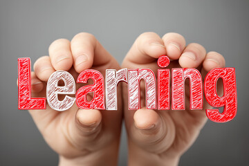 3D text Learning" in red color two hands holding