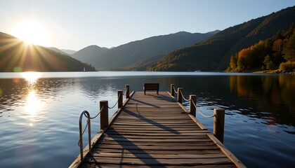 a serene lakeside setting during sunset. a wooden dock extends into calm waters under a clear sky. the sun's warm glow casts long shadows, adding depth to the scene.