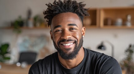 Smiling cheerful young adult african american ethnicity man looking at camera standing at home office background. Happy confident black guy posing for headshot face front close up portrait., no logos