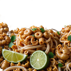 Fototapeta premium Close up of pad thai with shrimp and lime wedges on a black background