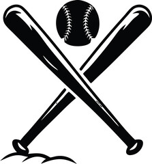 Black vector of crossed baseball bats and a ball. Great for athletic badges, baseball events, sports apps, and fan merchandise.

