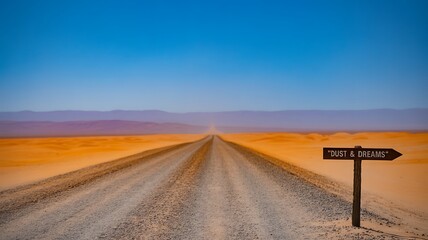Desert road sign pointing towards dust and dreams gravel direction