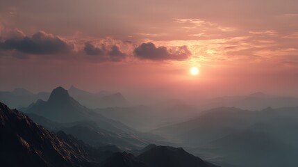 Fototapeta premium Serene mountain ranges kissed by the sunset s blush casting shadows and creating a peaceful vista in