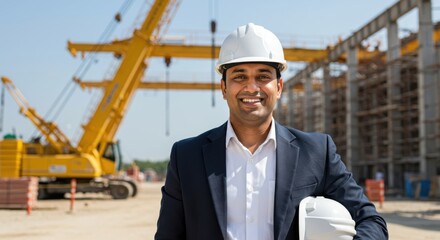 Smiling construction engineer wearing a hard hat and suit stands confidently at a busy building site with heavy machinery