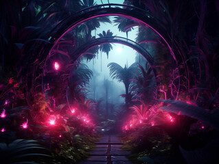 Fototapeta premium Enchanted neon garden path beckons with glowing flora and mystical archway, perfect for fantasy themes